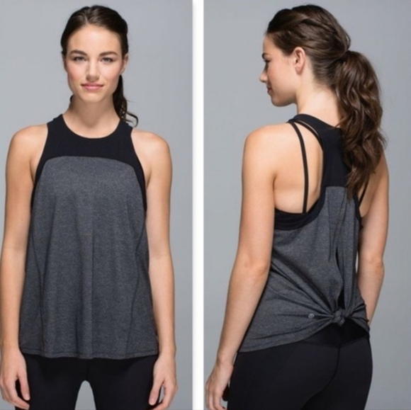 Lululemon Open Back Tie Sleeveless Tank Top Clip-in High Neck Gray Workout Top - Picture 1 of 13